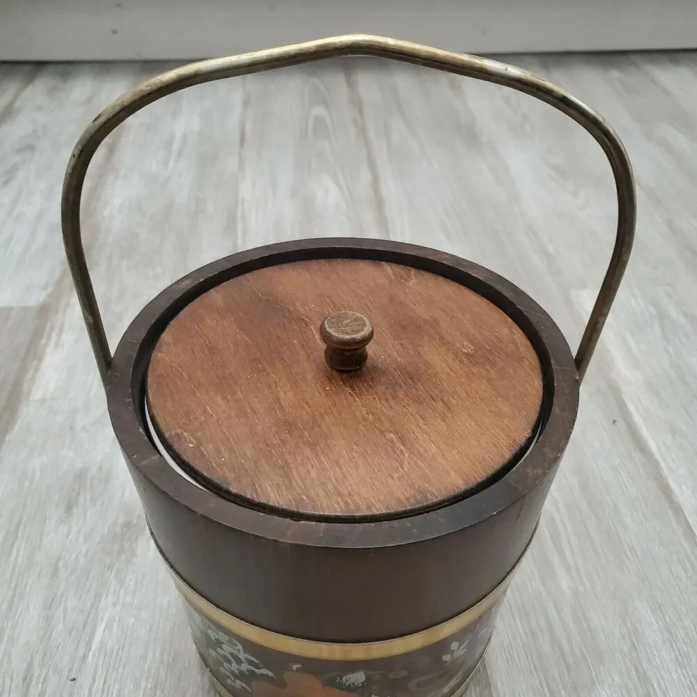 Vintage Ice Bucket Wood Brass Barrel Shape Barware Rustic Decor